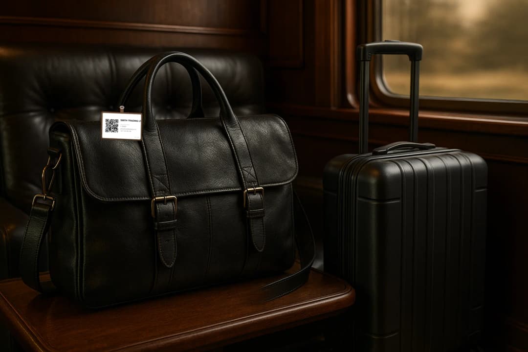 Black leather messenger bag in train compartment